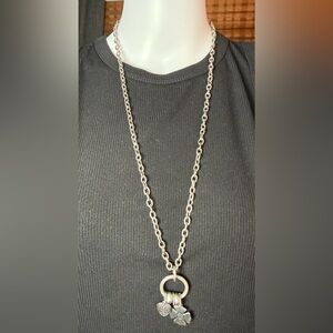 Silver Long Chain Chunky Necklace with Multiple Charms Heart & Four Leaf Clover